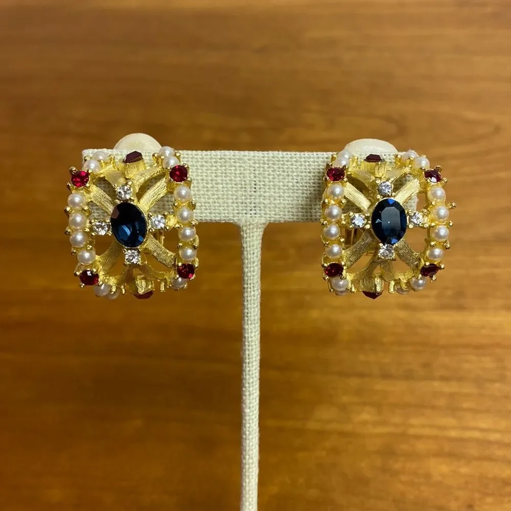 Roxanne Assoulin Gold Tone Faux Pearl Red & Blue Rhinestone Clip On Earrings